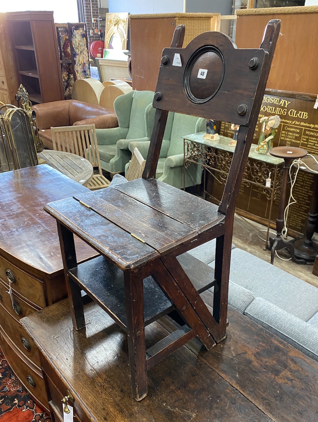 A Victorian oak and mahogany metamorphic library chair, width 39cm, height 82cm